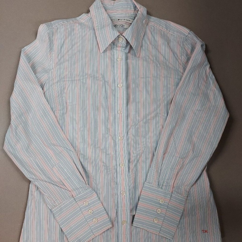 Tommy Hilfiger Women Pink & Blue Stripe Long Sleeve Button-Down Shirt Large